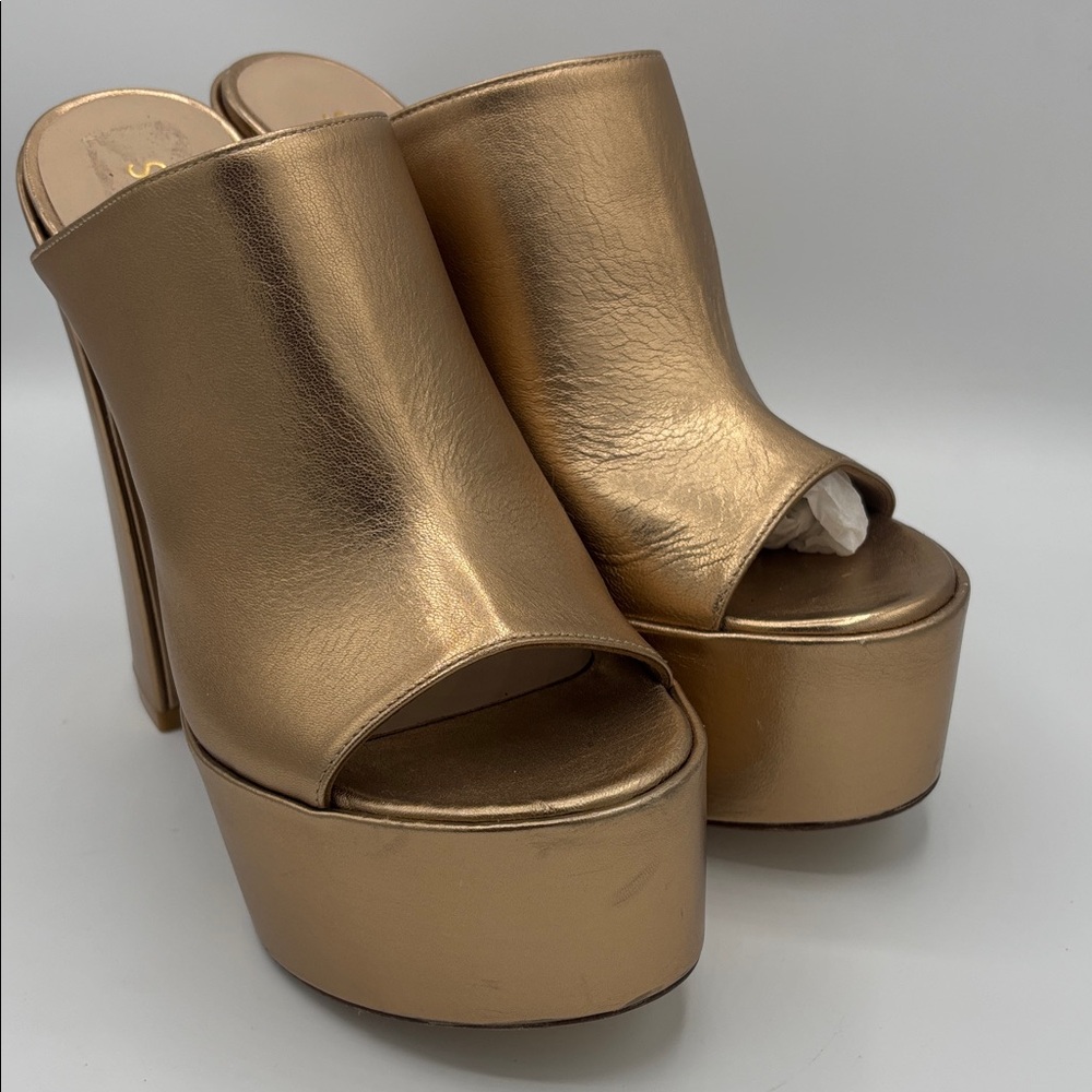 Stuart Weitzman Metallic Gold Mules SKYHIGH 145 Platform Slide Sandal Size 9 - Picture 2 of 13